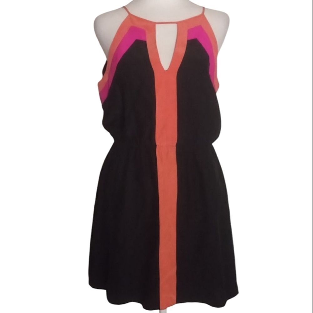 Parker Neon Colorblock Keyhole Neckline 100% Silk Mini Dress Size Medium